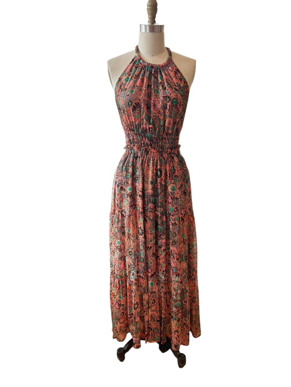 A.L.C. Elara Floral Halter Neck Silk Metallic Wedding Guest Dress Coral - Picture 2 of 6